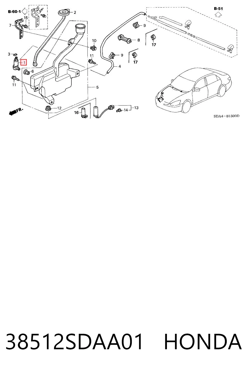 38512SDAA01 Honda Bomba de motor de fluido para lavador de vidro dianteiro/traseiro