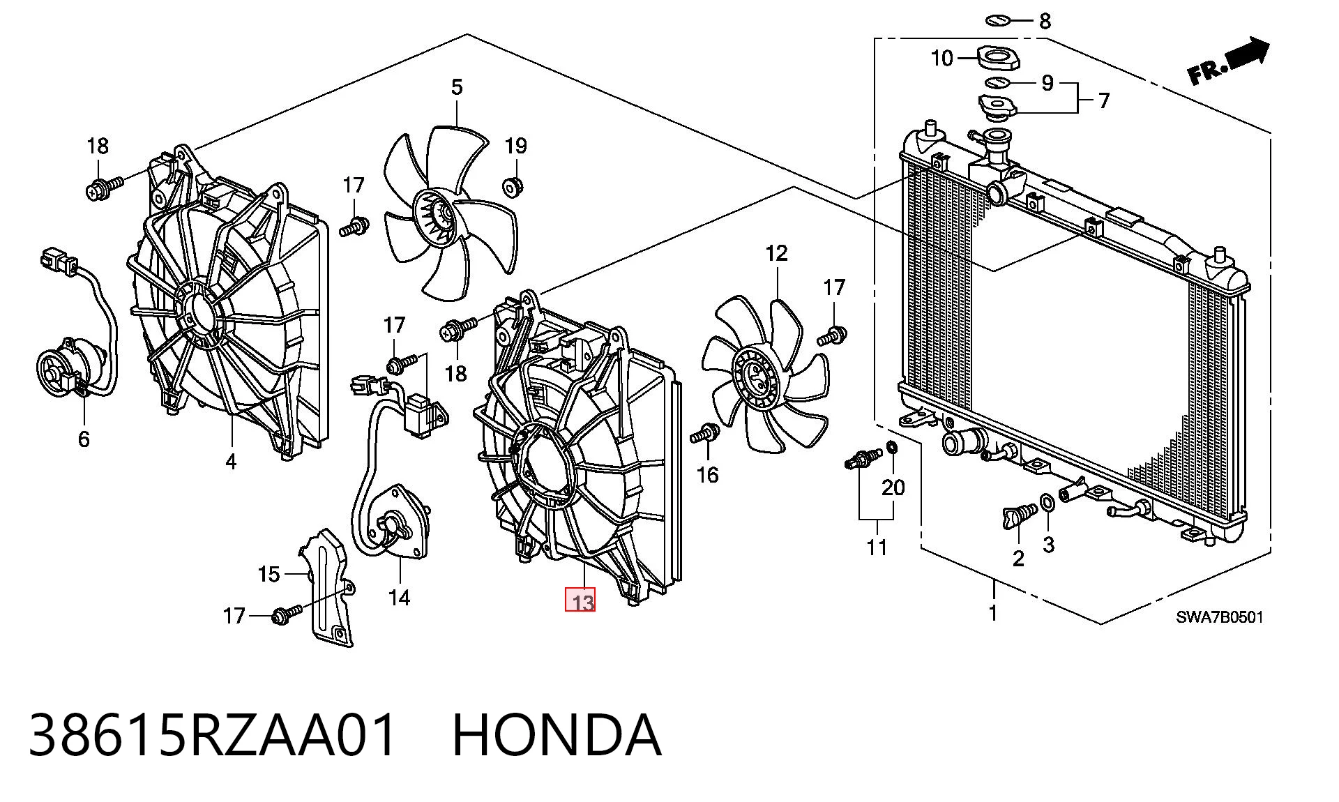 38615RZAA01 Honda Difusor do radiador de aparelho de ar condicionado