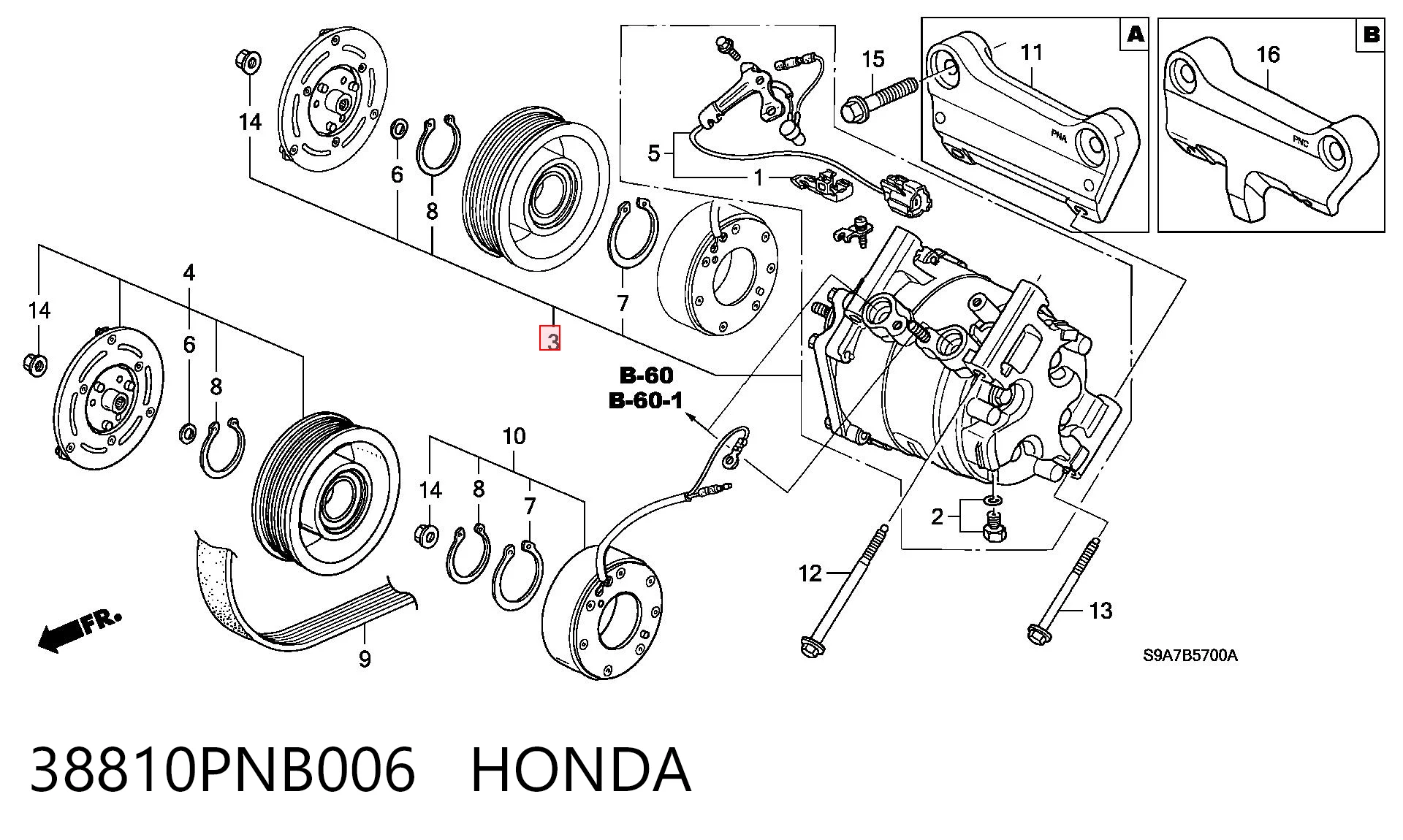 38810PNB006 Honda Compressor de aparelho de ar condicionado