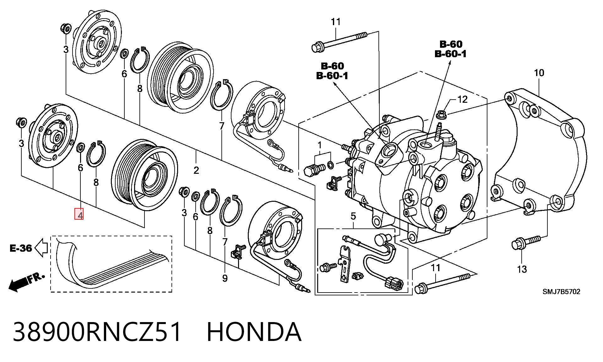 38900RNCZ51 Honda Polia do compressor de aparelho de ar condicionado