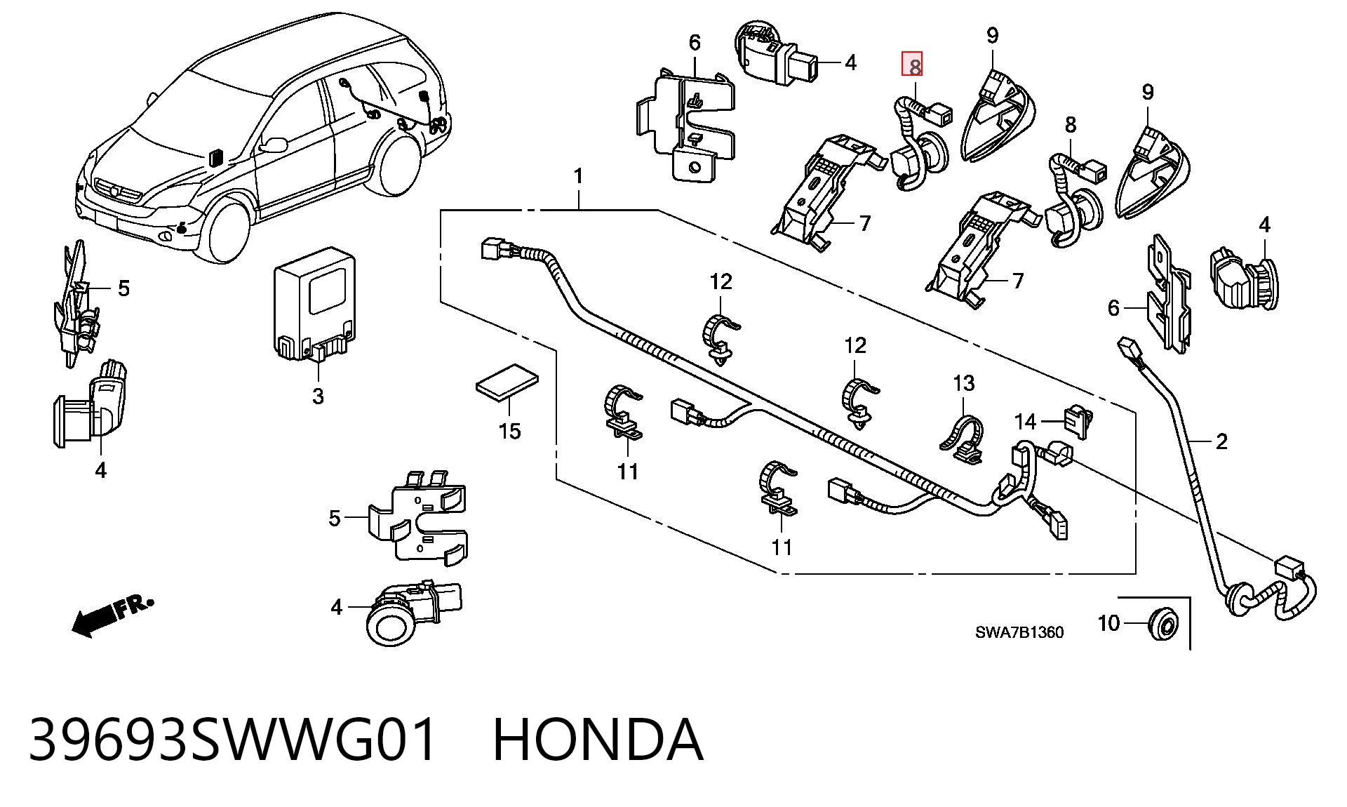 39693SWWG01 Honda Sensor traseiro de sinalização de estacionamento (sensor de estacionamento)