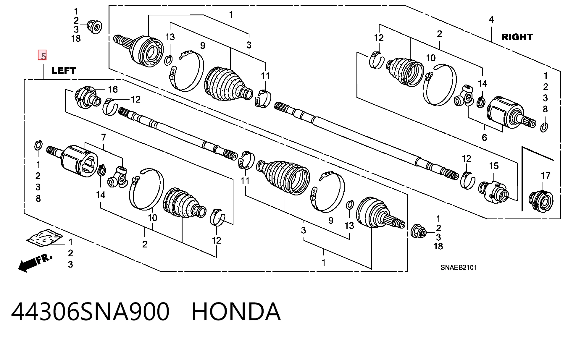 44306SNA900 Honda Semieixo (acionador) dianteiro esquerdo