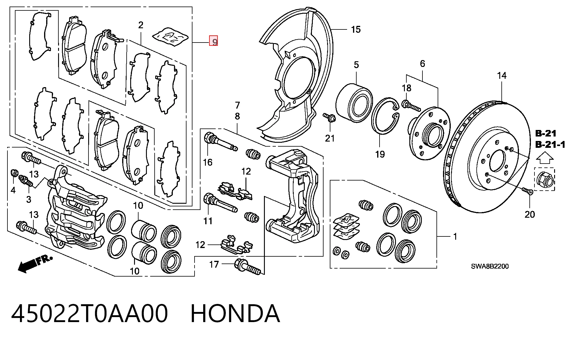 45022T0AA00 Honda Sapatas do freio dianteiras de disco