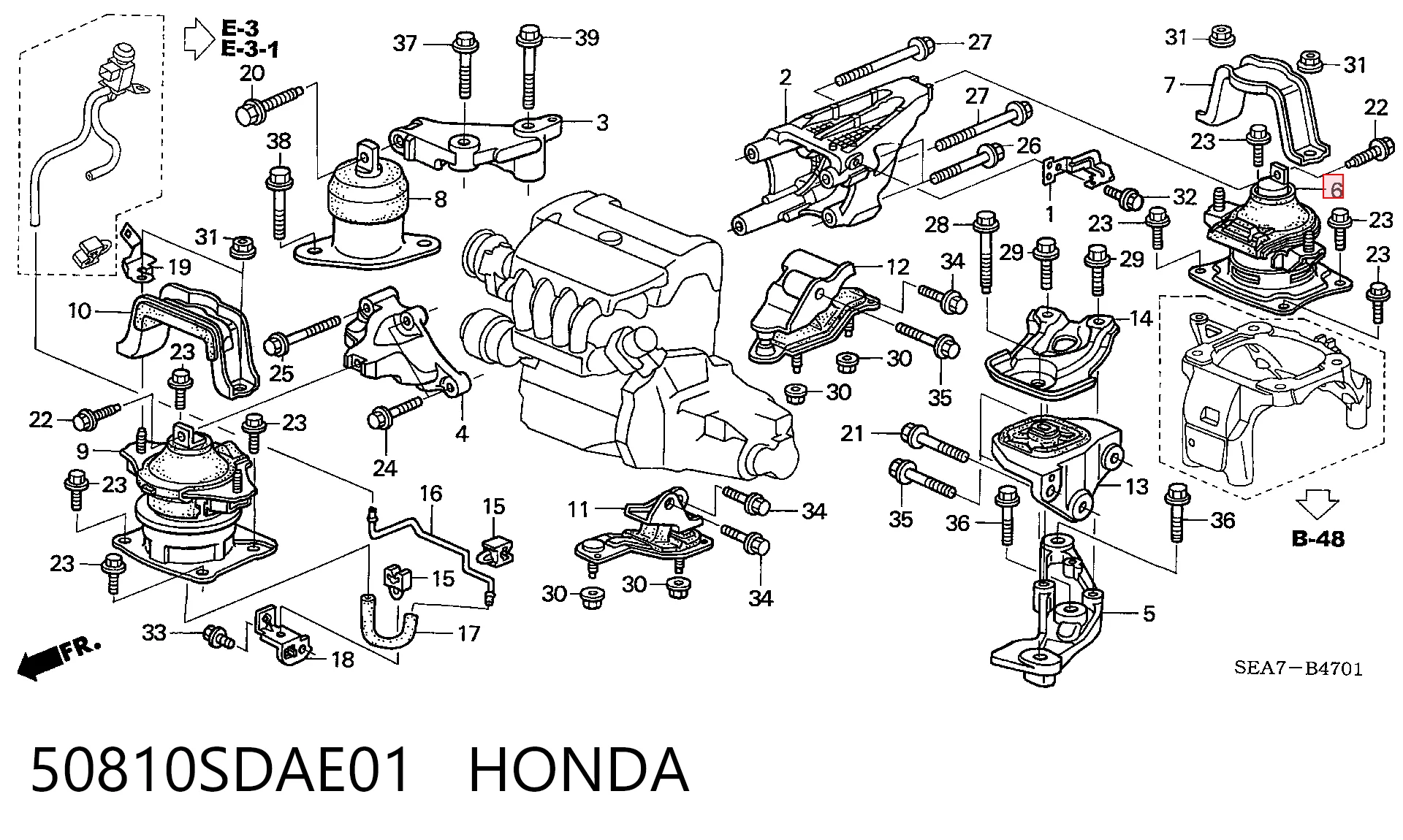 50810SDAE01 Honda Coxim (suporte) traseiro de motor
