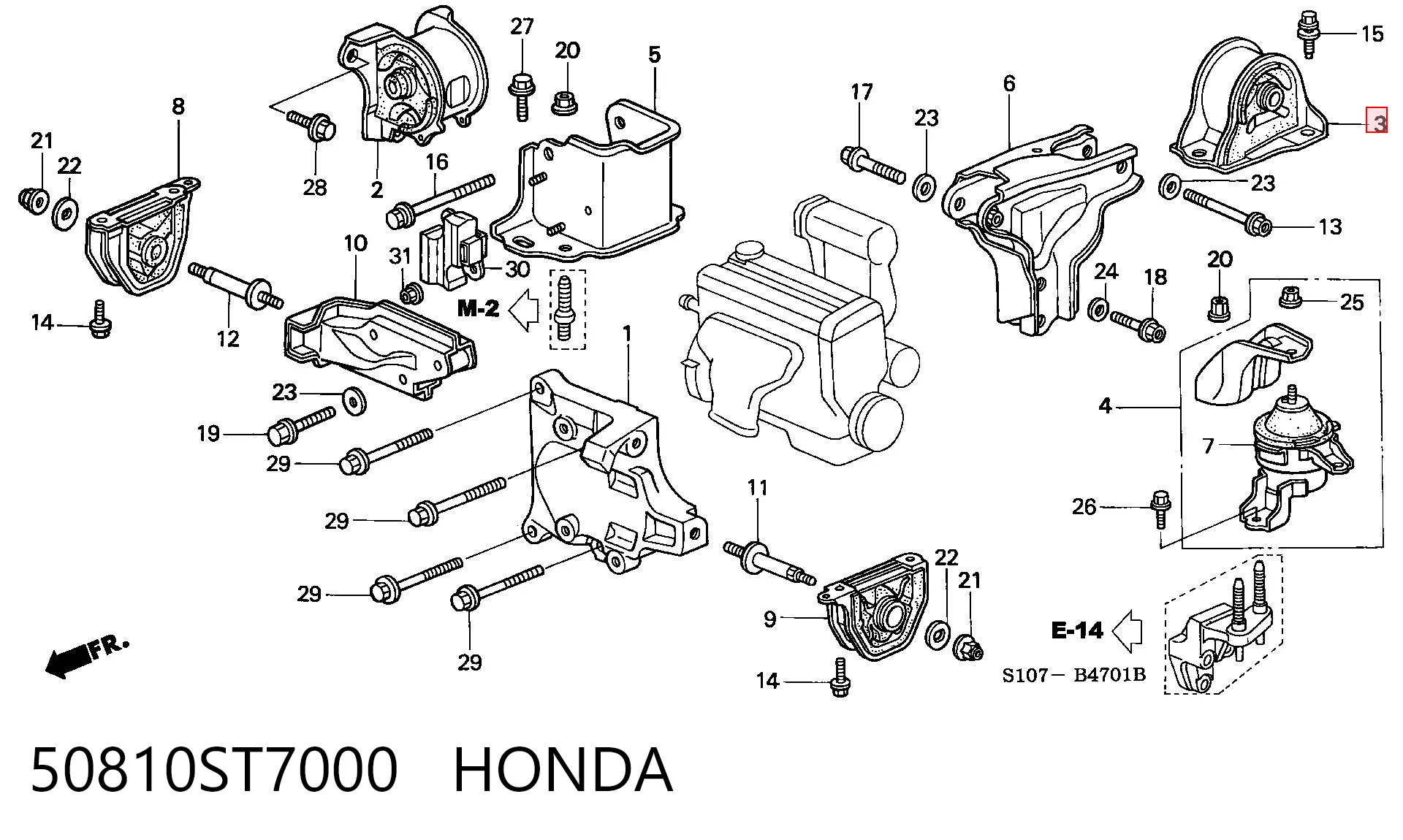 50810ST7000 Honda Coxim (suporte) traseiro de motor