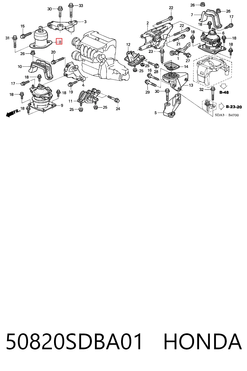 50820SDBA01 Honda Coxim (suporte) direito de motor