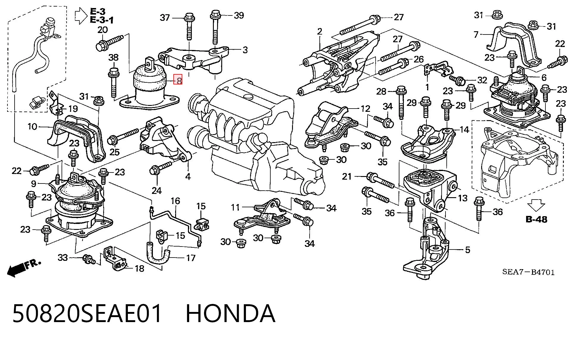 50820SEAE01 Honda Coxim (suporte) direito de motor