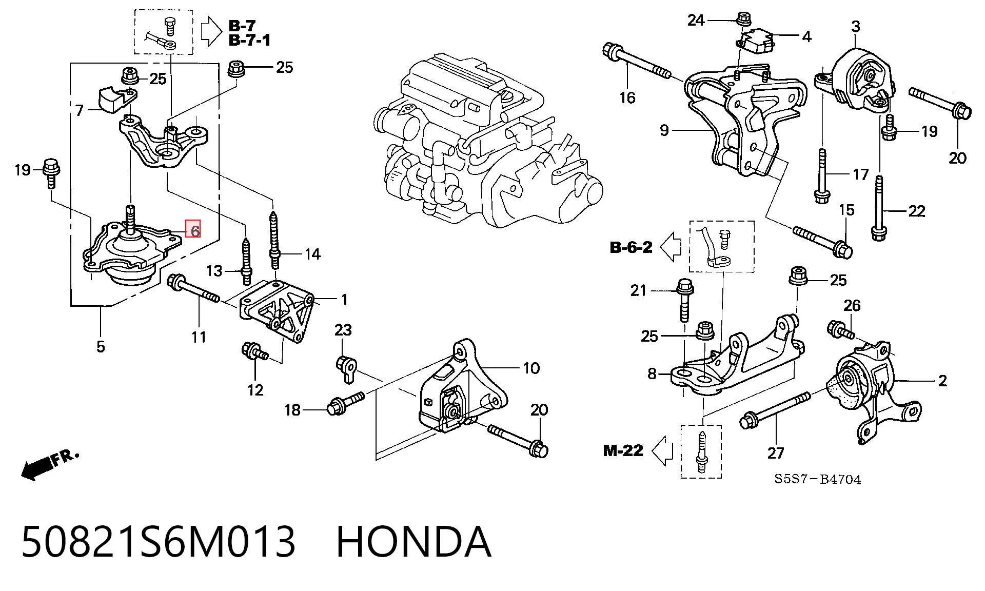 50821S6M013 Honda Coxim (suporte) direito de motor