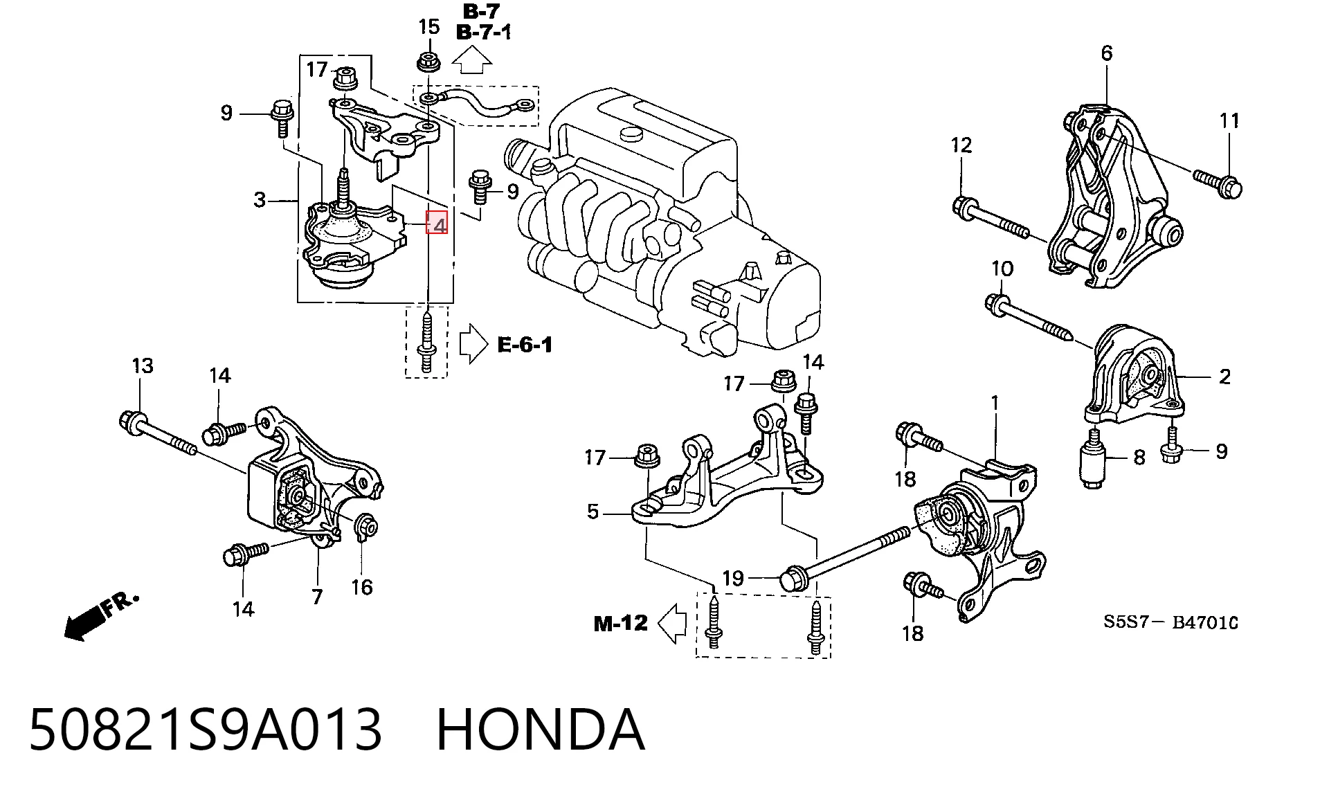 50821S9A013 Honda Coxim (suporte) direito de motor