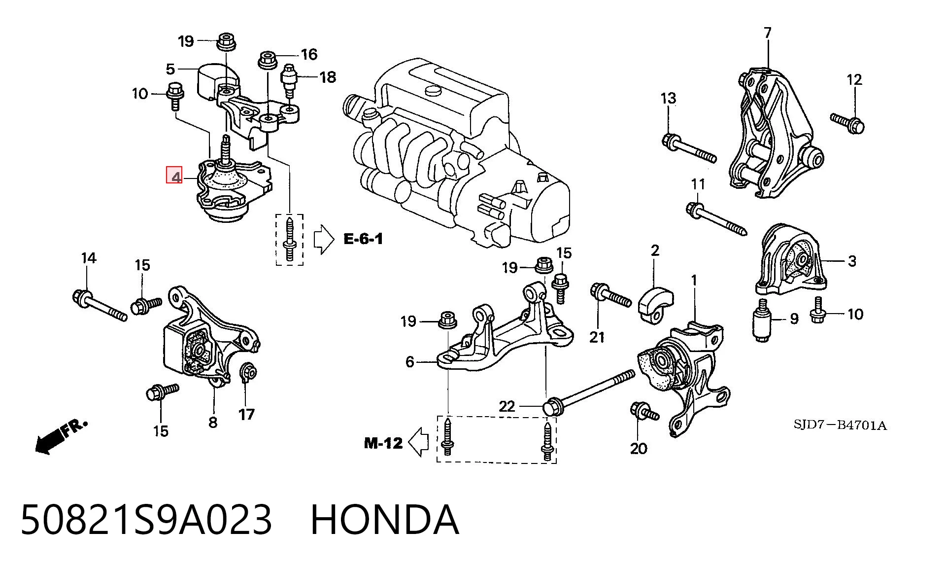50821S9A023 Honda Coxim (suporte) direito de motor