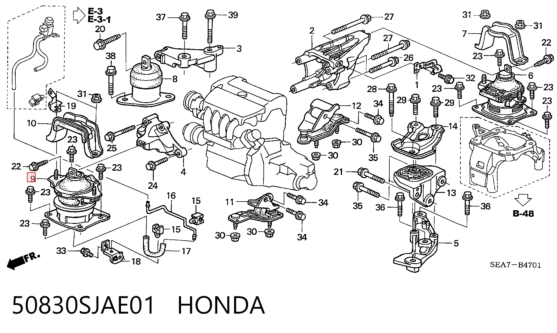 50830SJAE01 Honda Coxim (suporte) dianteiro de motor