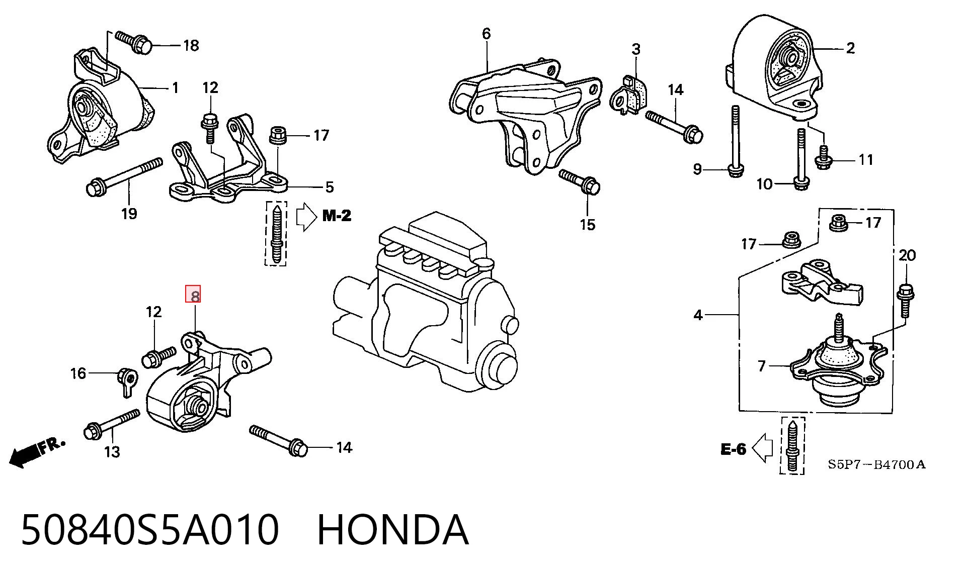 50840S5A010 Honda Coxim (suporte) direito de motor