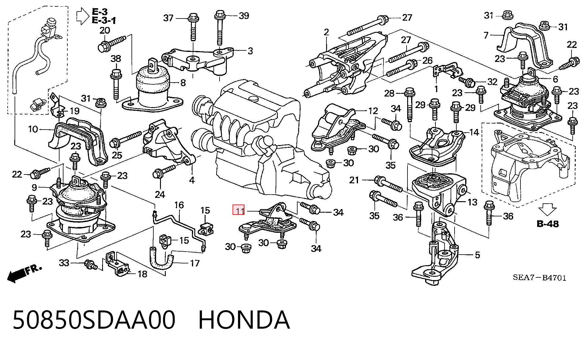 50850SDAA00 Honda Coxim (suporte) esquerdo dianteiro de motor