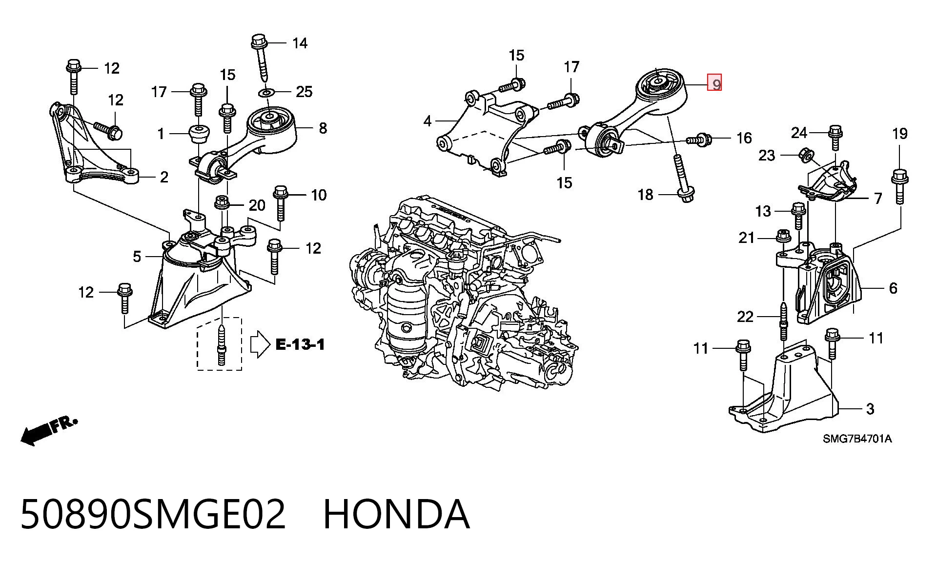 50890SMGE02 Honda Coxim (suporte) traseiro de motor