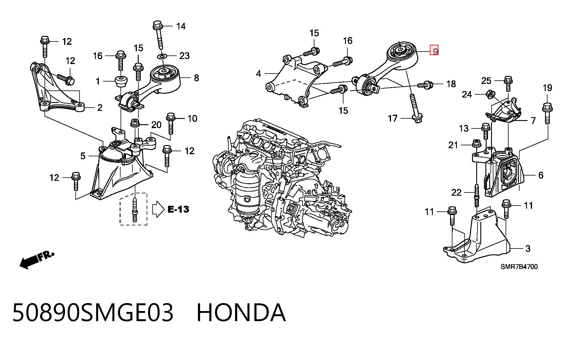 50890SMGE03 Honda Coxim (suporte) traseiro de motor
