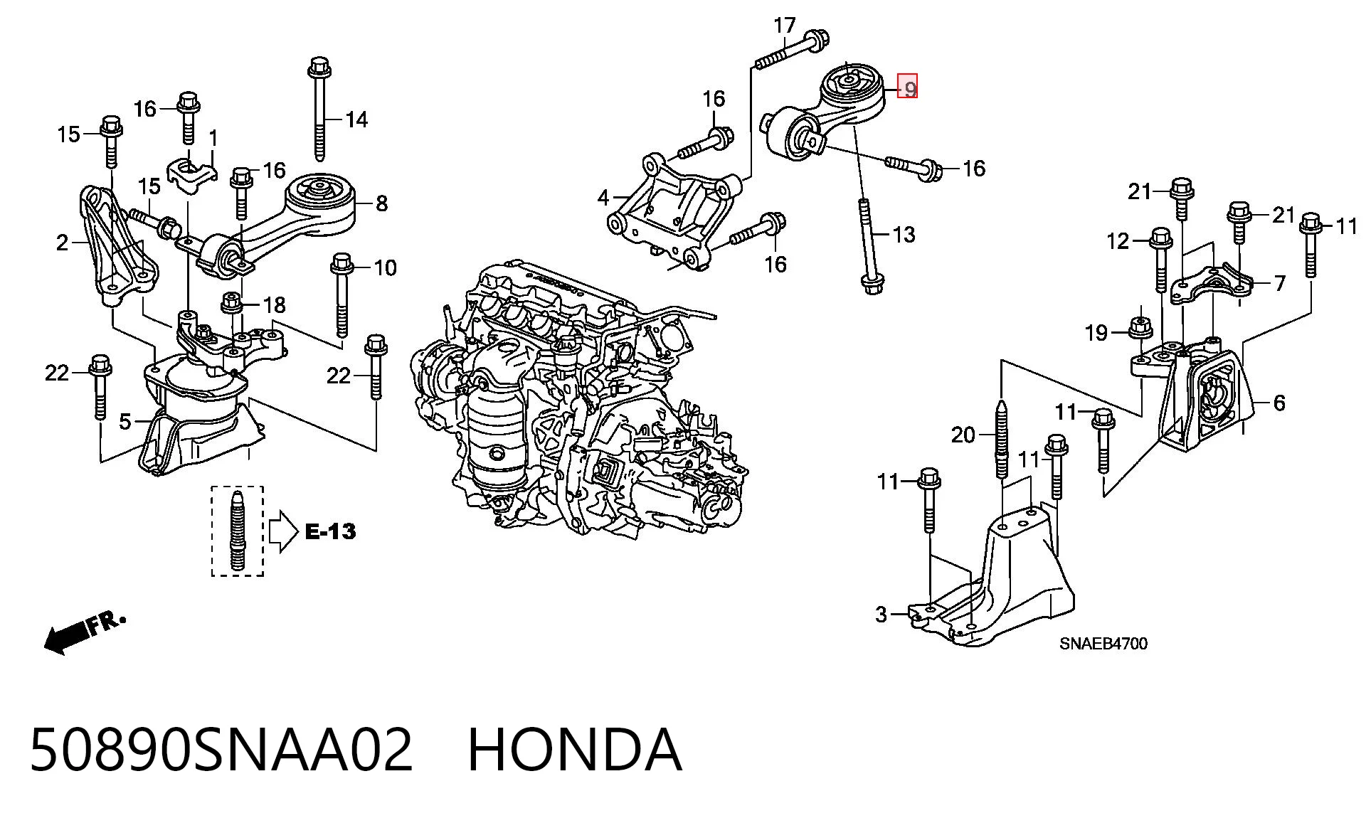 50890SNAA02 Honda Coxim (suporte) traseiro de motor
