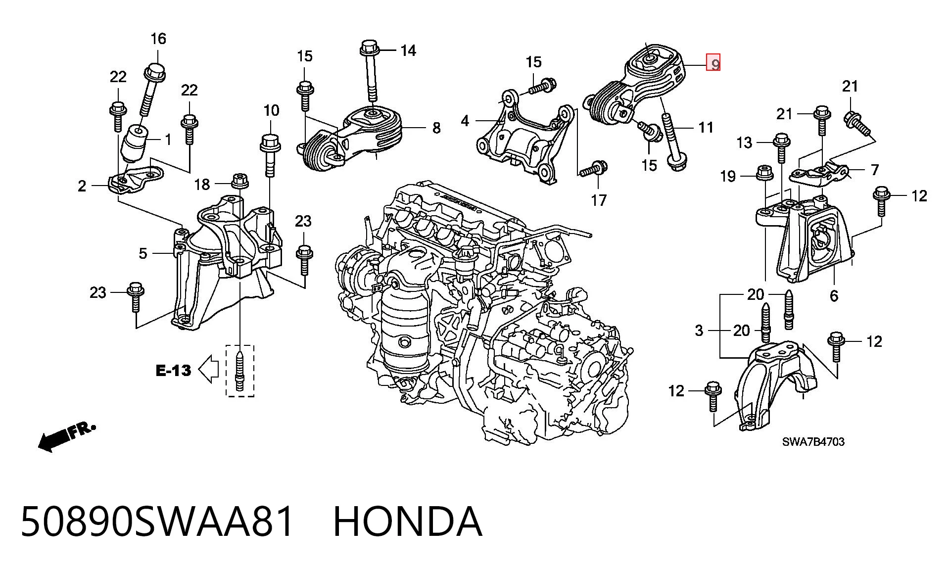 50890SWAA81 Honda Coxim (suporte) traseiro de motor