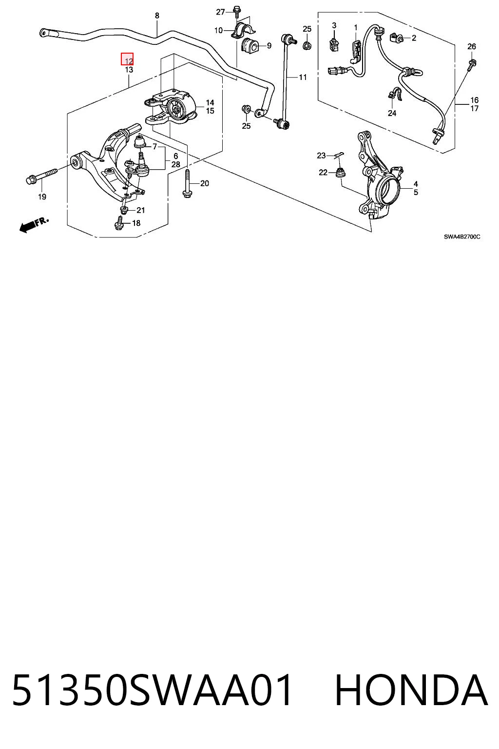 51350SWAA01 Honda Braço oscilante inferior direito de suspensão dianteira