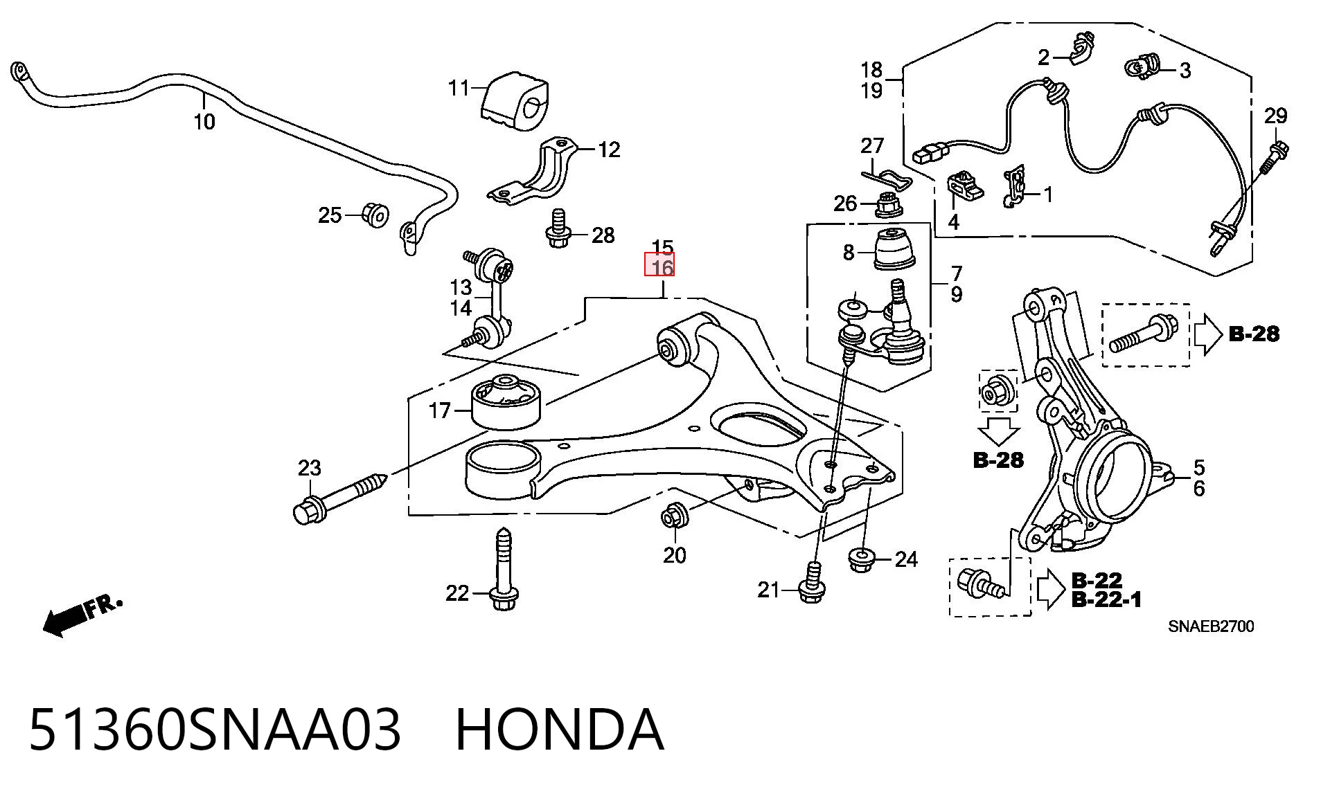 51360SNAA03 Honda Braço oscilante inferior esquerdo de suspensão dianteira