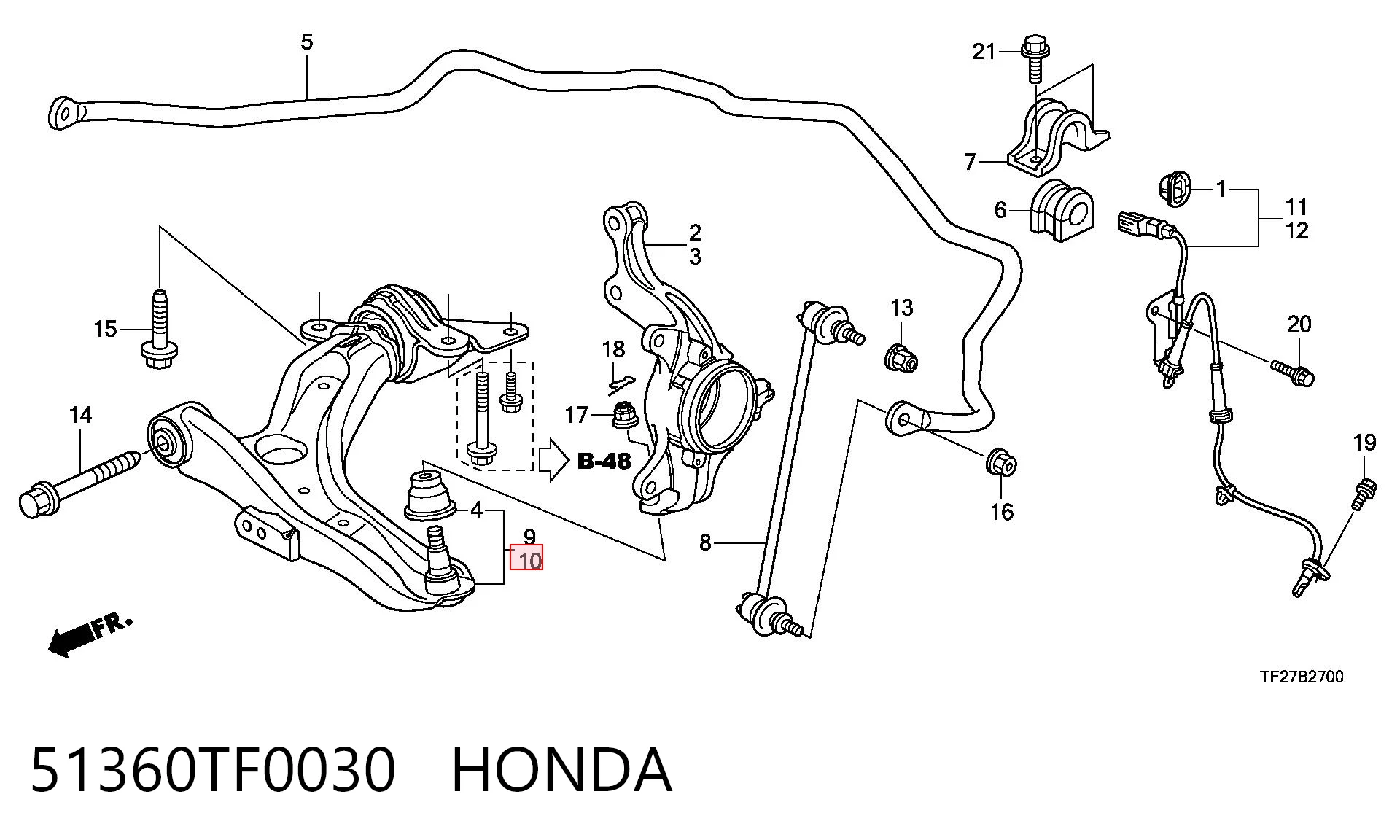51360TF0030 Honda Braço oscilante inferior esquerdo de suspensão dianteira