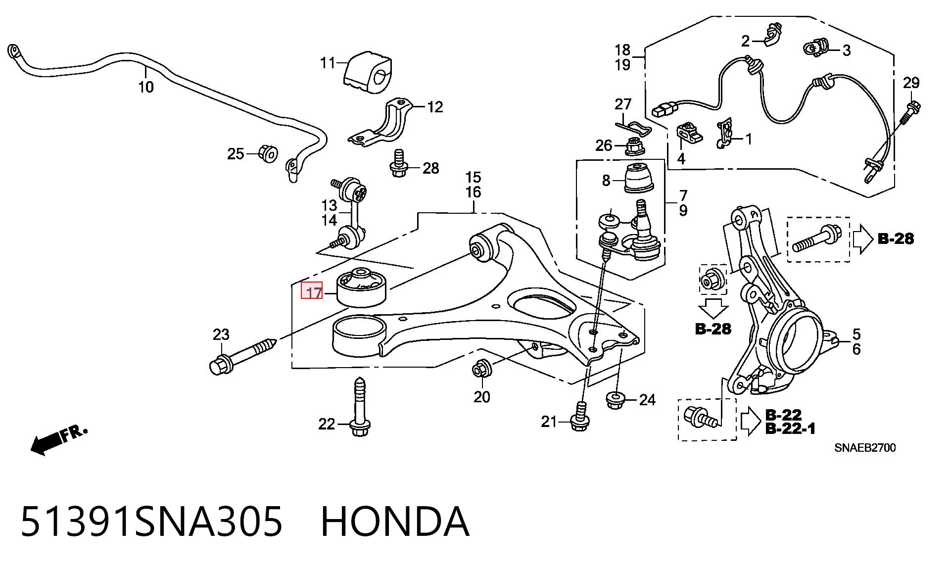 51391SNA305 Honda Bloco silencioso dianteiro do braço oscilante inferior