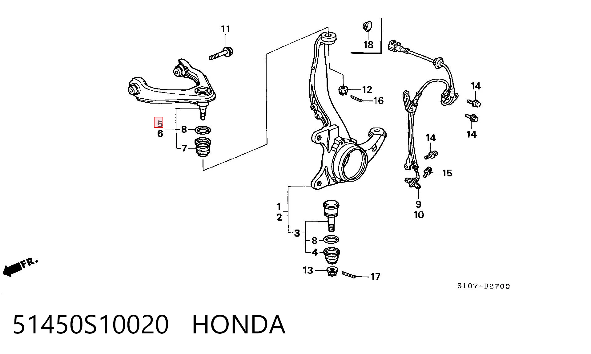 51450S10020 Honda Braço oscilante superior direito de suspensão dianteira