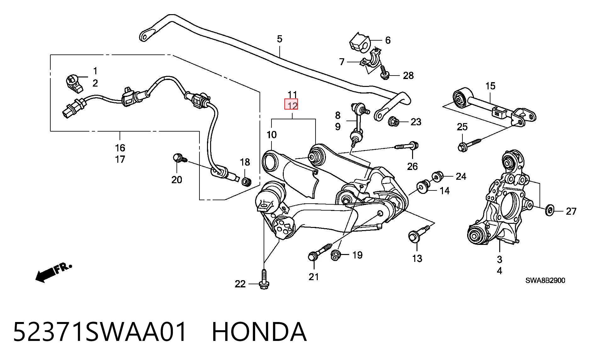 52371SWAA01 Honda Braço oscilante (tração) longitudinal inferior esquerdo de suspensão traseira
