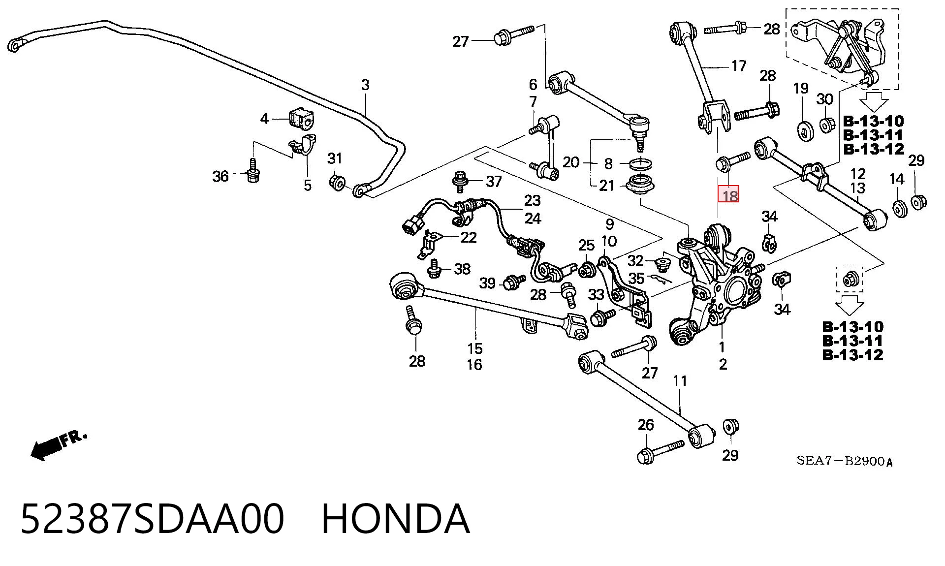 52387SDAA00 Honda Parafuso de fixação de braço oscilante de inclinação traseiro, interno