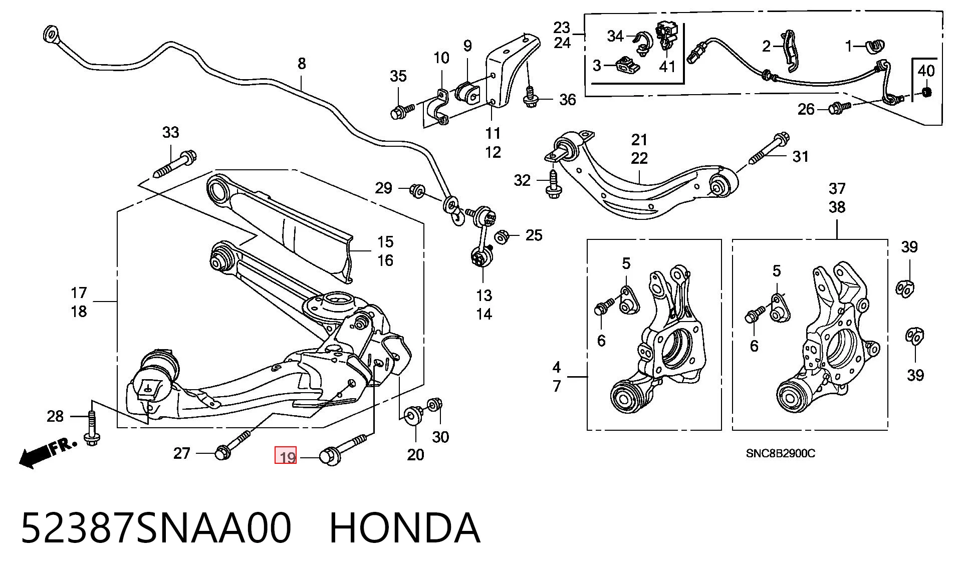 52387SNAA00 Honda Parafuso de fixação de braço oscilante de inclinação traseiro, externo