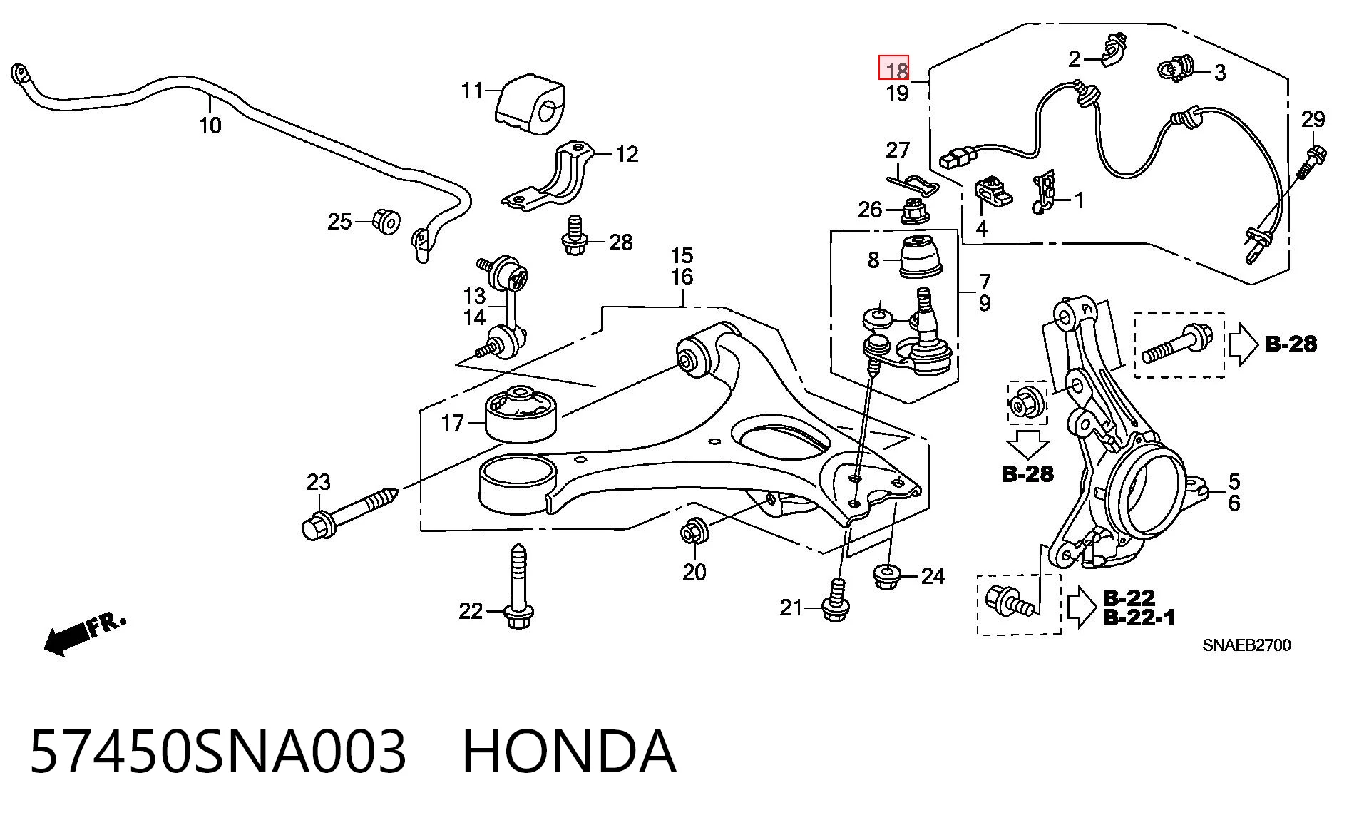 57450SNA003 Honda Sensor ABS dianteiro direito