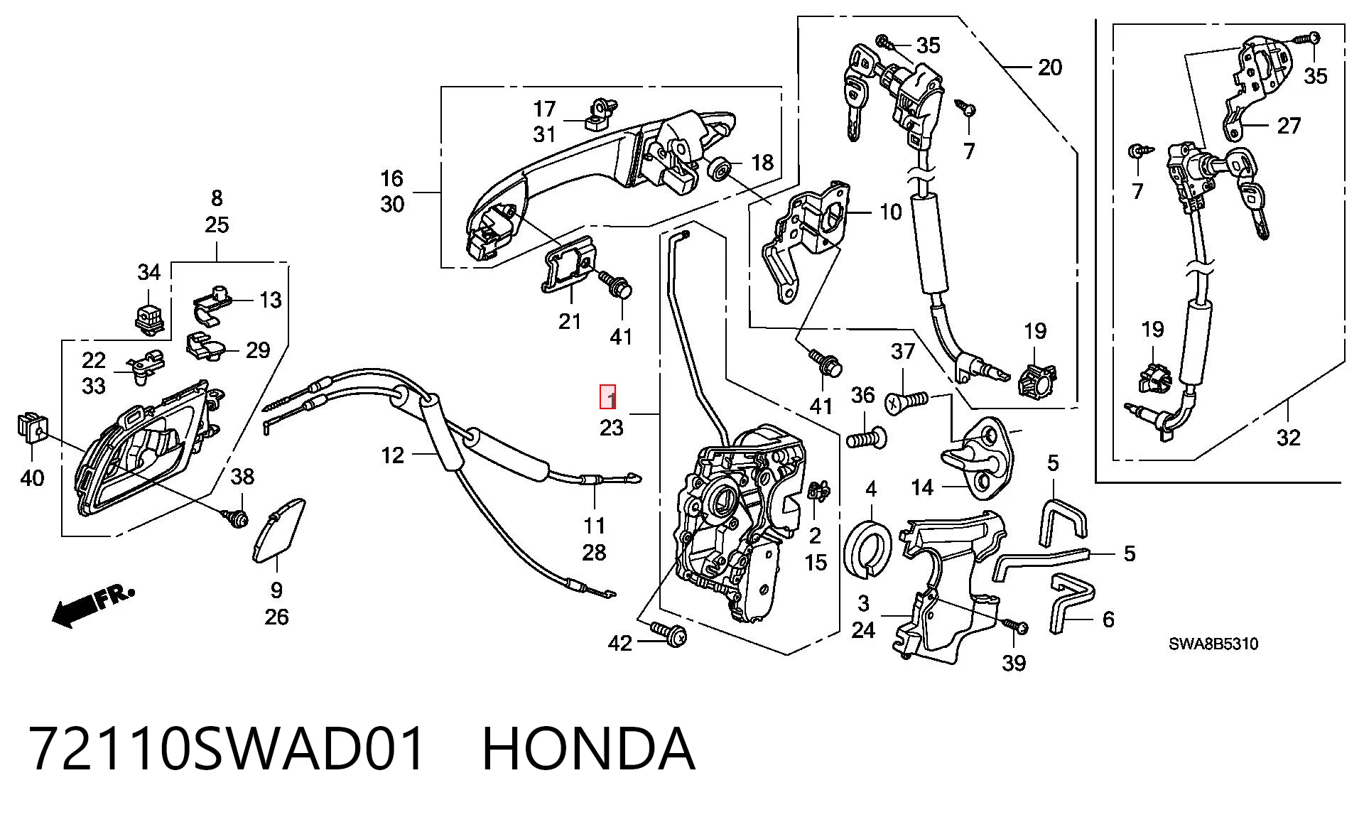 72110SWAD01 Honda Fecho da porta dianteira direita