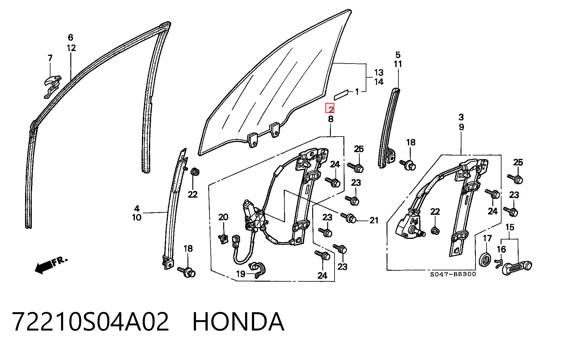 72210S04A02 Honda Mecanismo de acionamento de vidro da porta dianteira direita