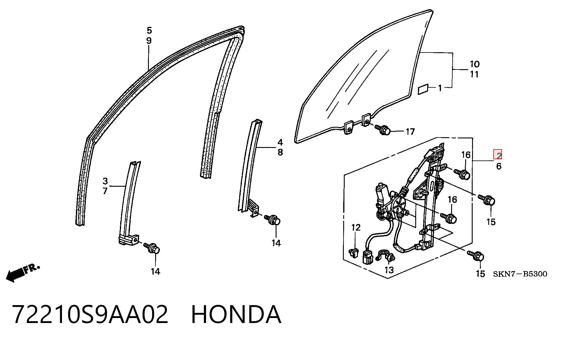 72210S9AA02 Honda Mecanismo de acionamento de vidro da porta dianteira direita