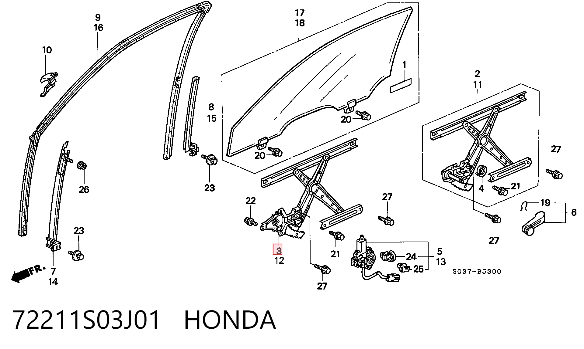  Mecanismo de acionamento de vidro da porta dianteira direita Honda Civic V coupé (EJ) (1993 - 1996) V