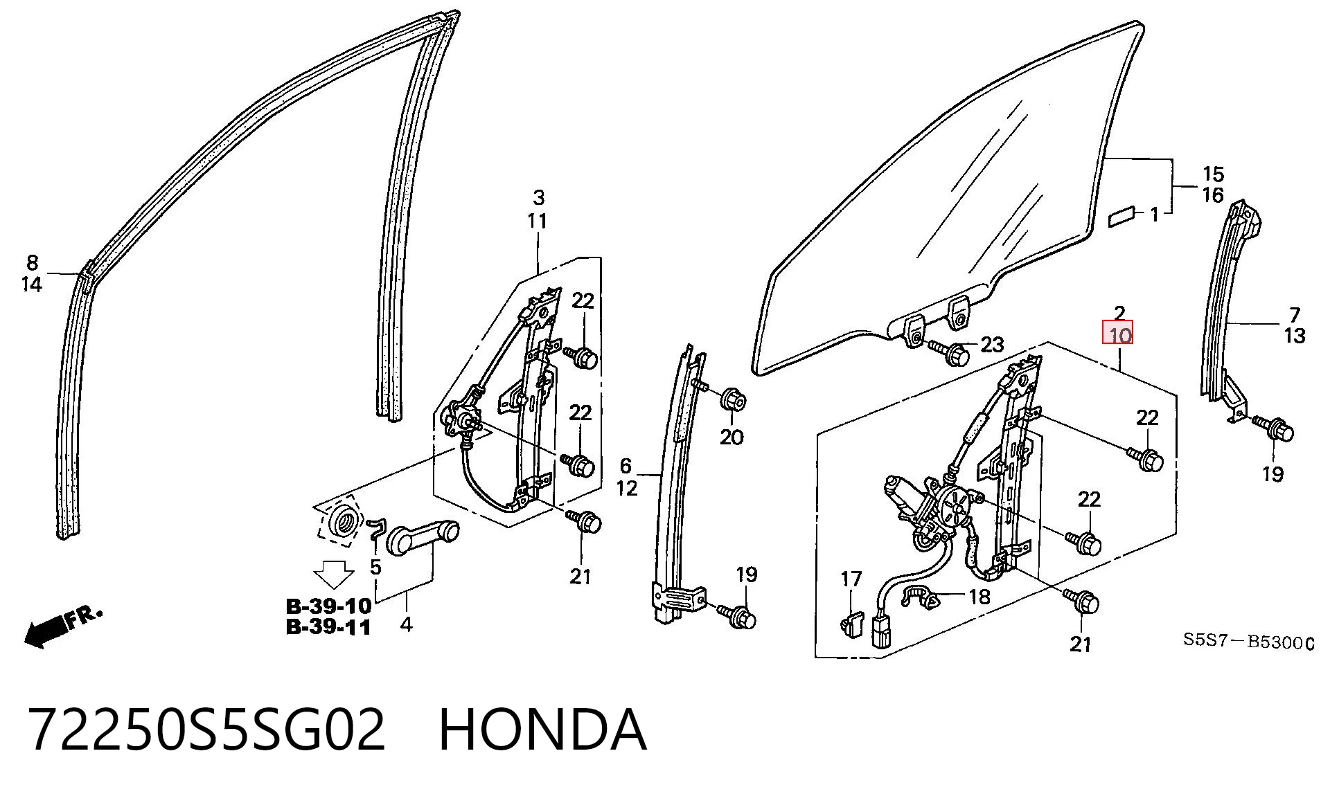 72250S5SG02 Honda Mecanismo de acionamento de vidro da porta dianteira esquerda