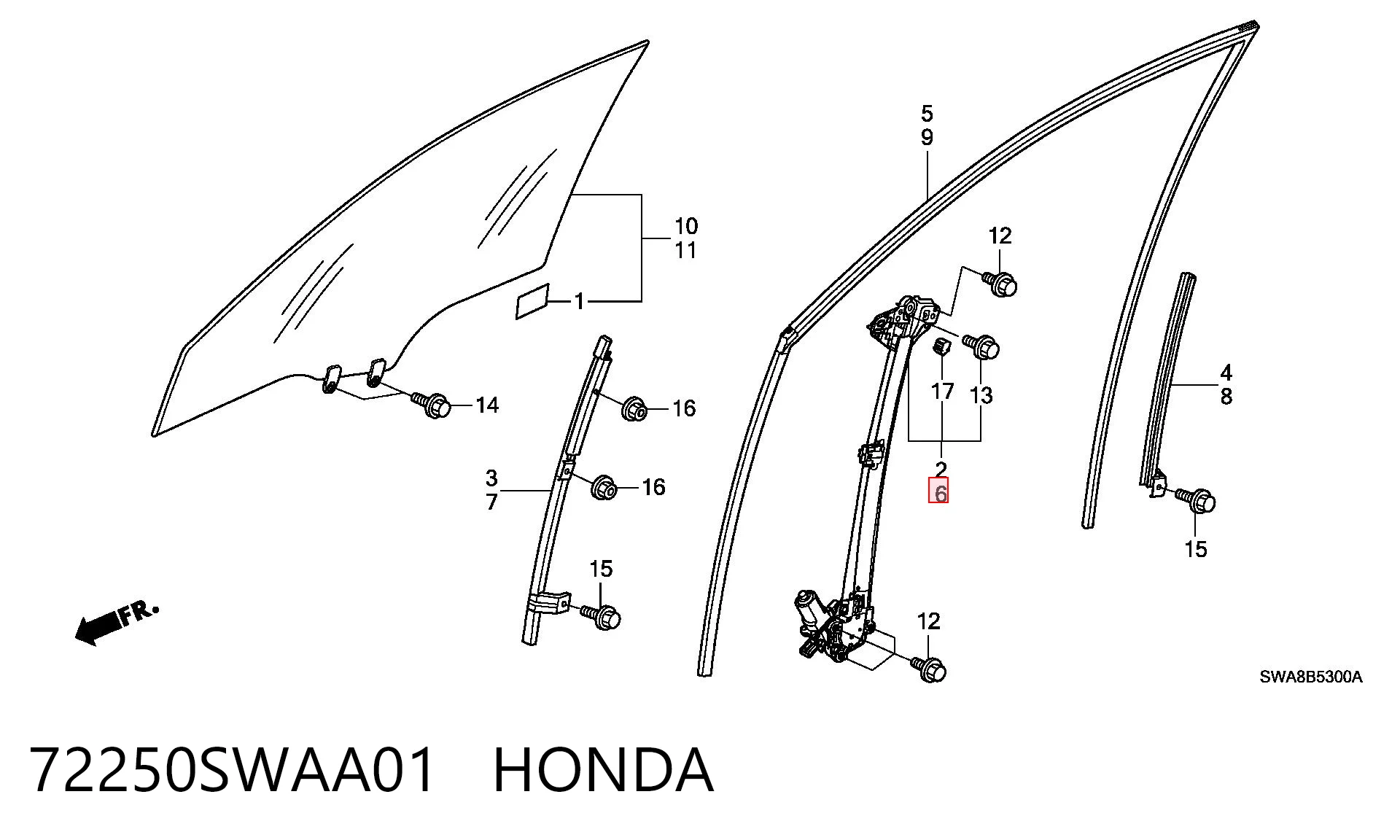 72250SWAA01 Honda Mecanismo de acionamento de vidro da porta dianteira esquerda