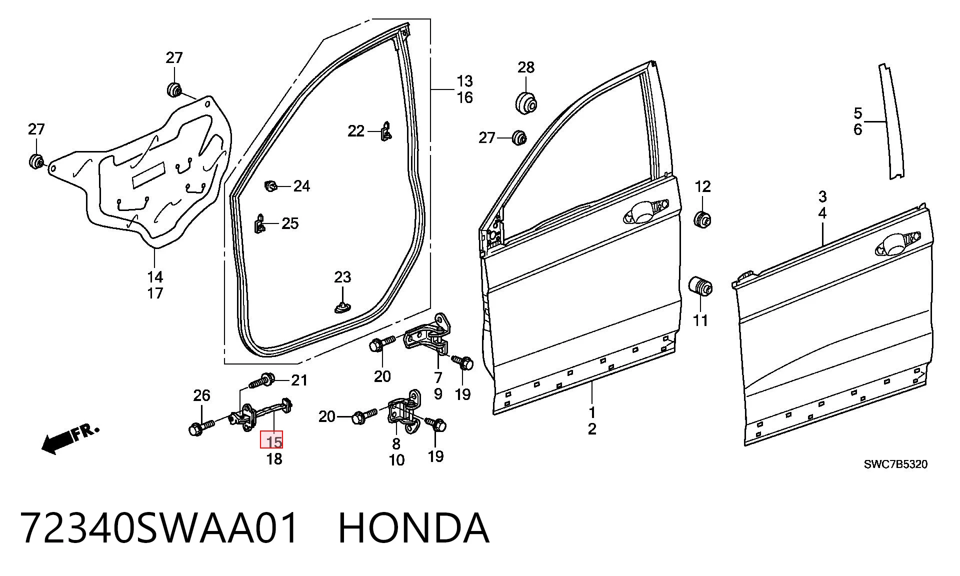 72340SWAA01 Honda Limitador dianteiro direito de abertura de porta