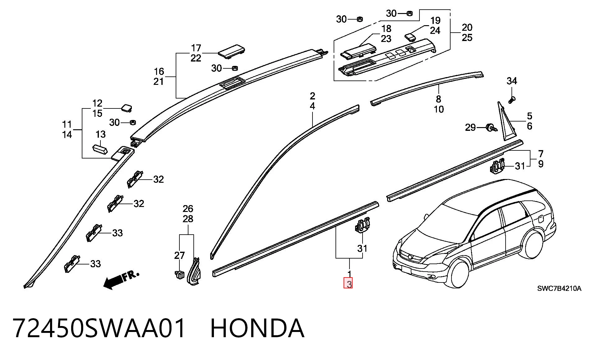 72450SWAA01 Honda Moldura de vidro deslizante da porta dianteira esquerda
