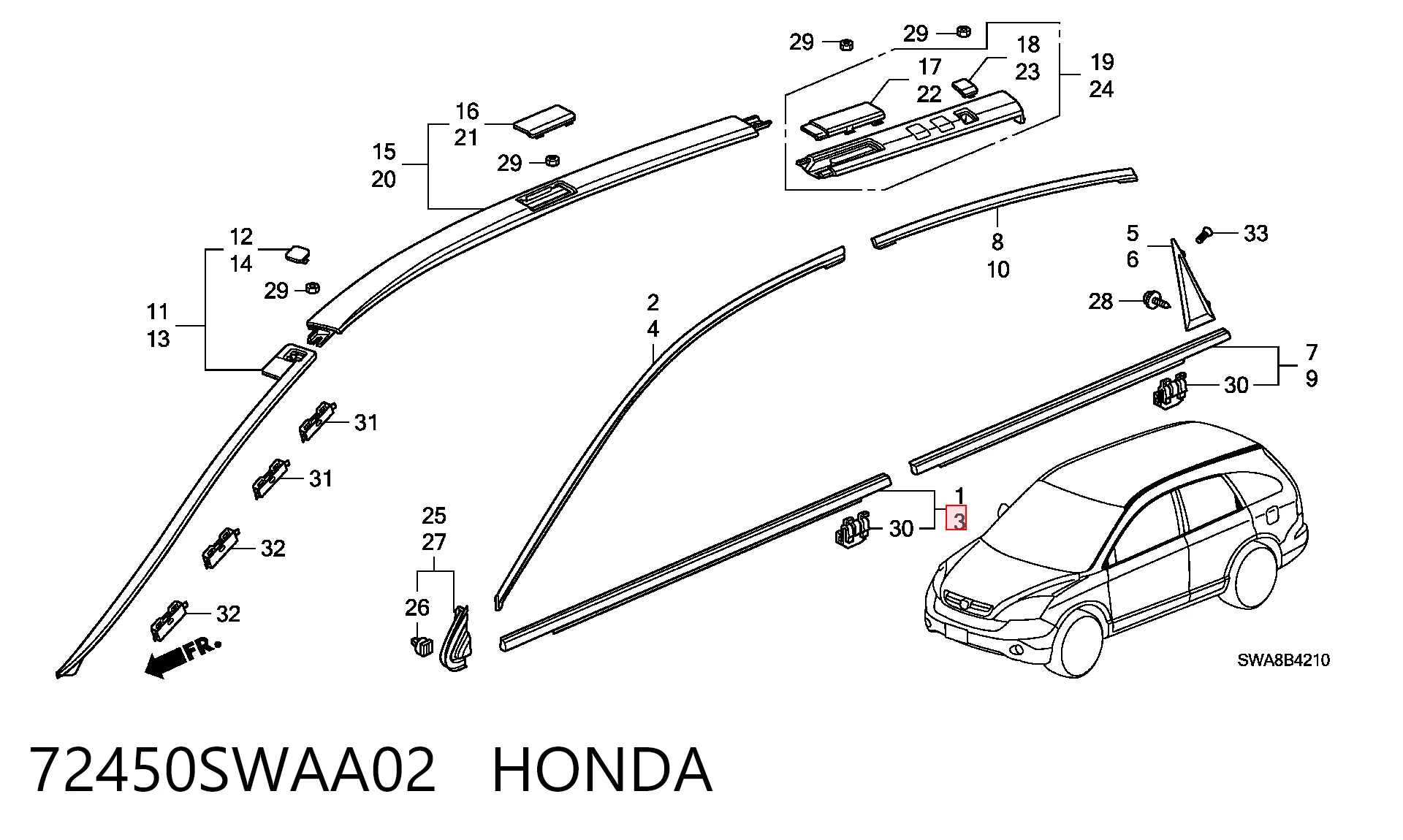 72450SWAA02 Honda Moldura de vidro deslizante da porta dianteira esquerda