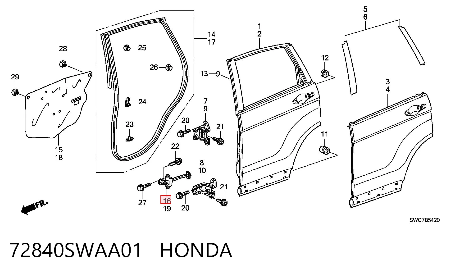 72840SWAA01 Honda Limitador traseiro direito de abertura de porta