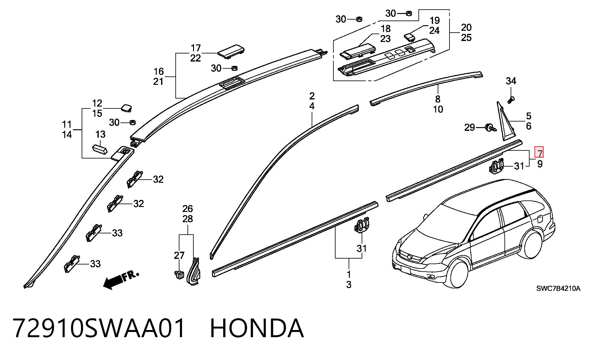 72910SWAA01 Honda Moldura de vidro deslizante da porta traseira direita