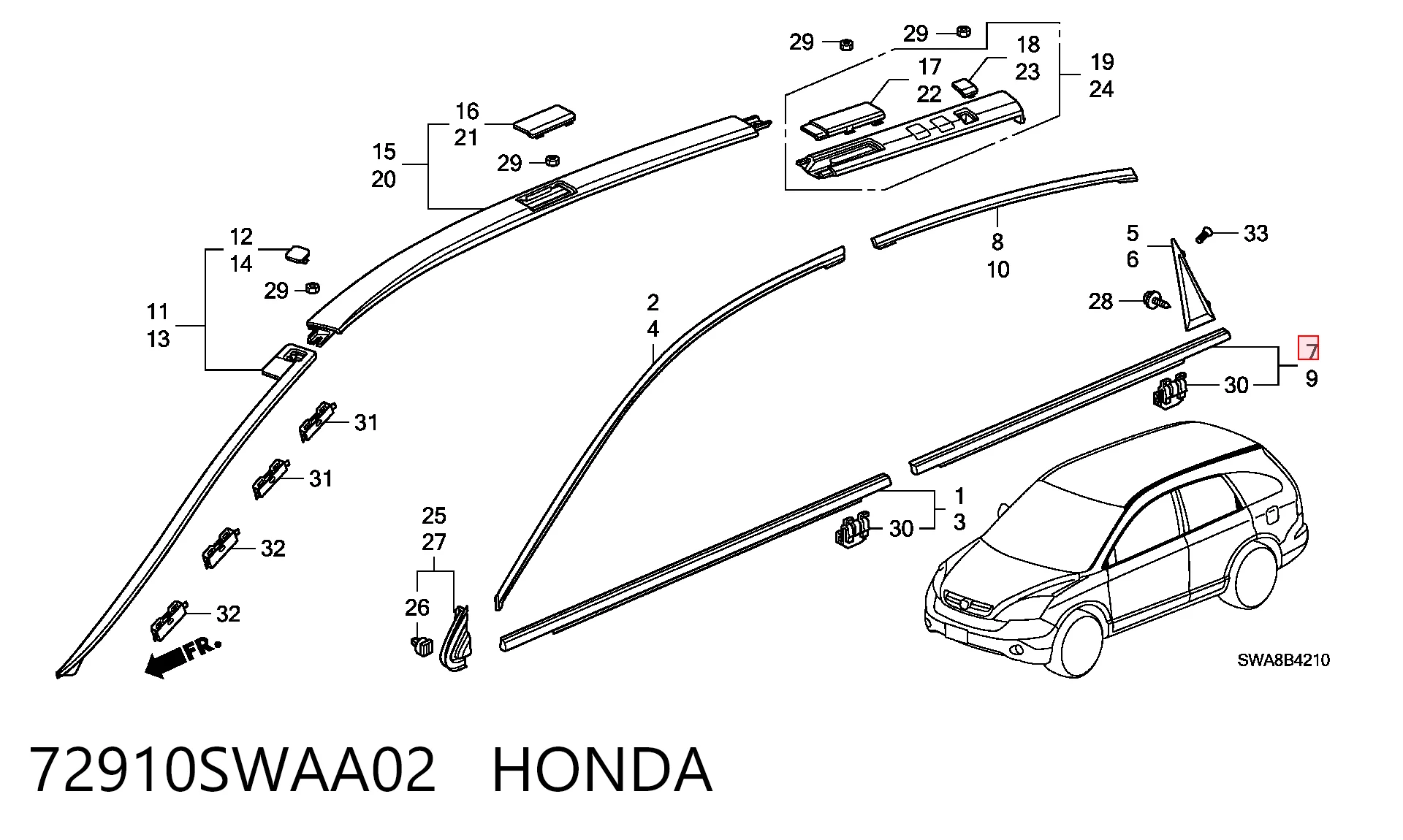 72910SWAA02 Honda Moldura de vidro deslizante da porta traseira direita