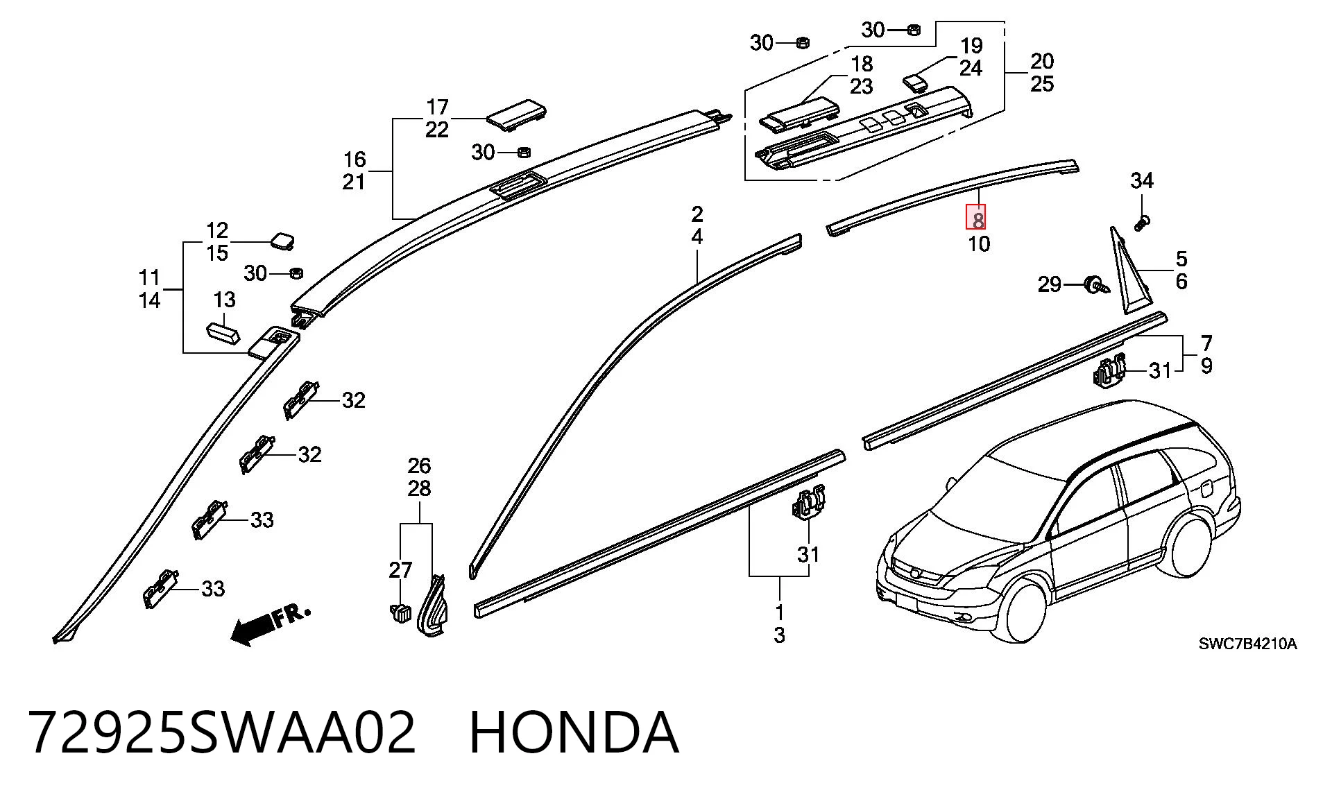 72925SWAA02 Honda Moldura da porta traseira direita superior