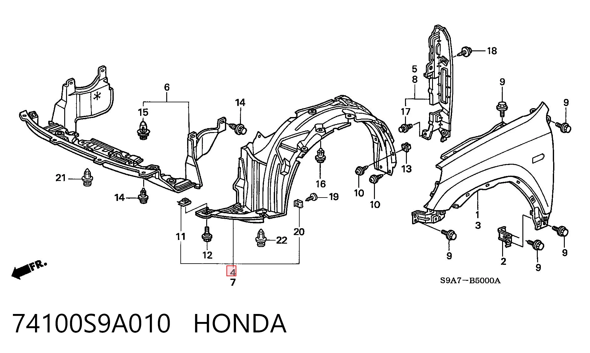 74100S9A010 Honda Guarda-barras direito do pára-lama dianteiro