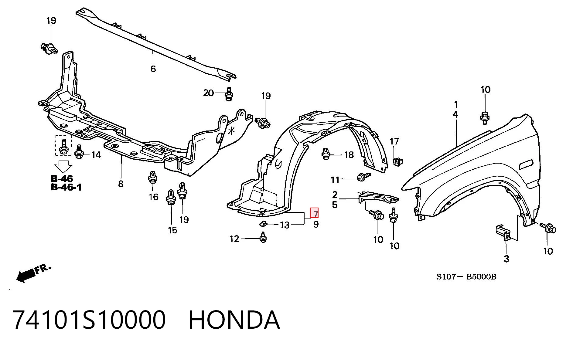 74101S10000 Honda Guarda-barras direito do pára-lama dianteiro