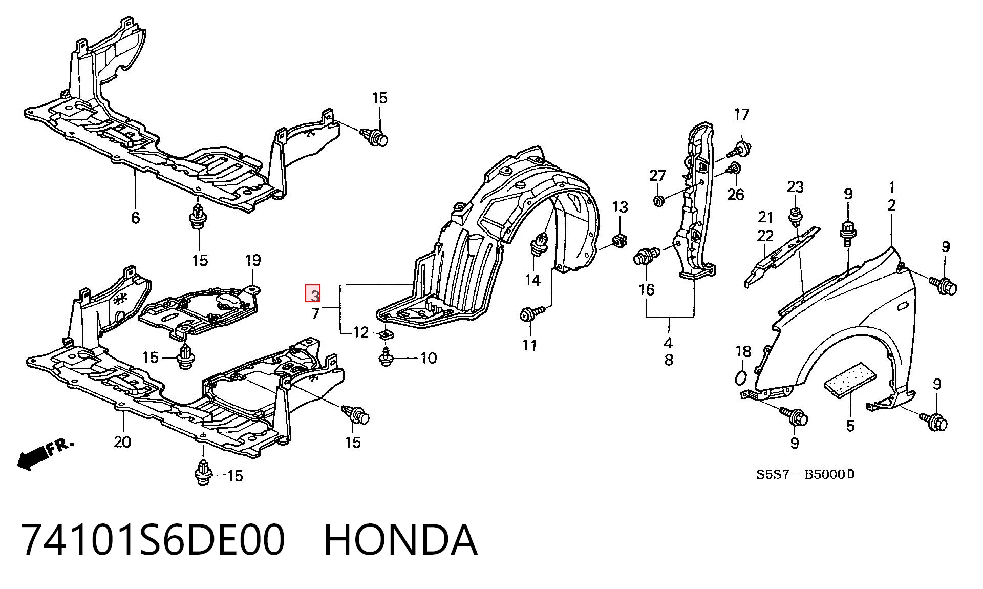 Guarda-barras direito do pára-lama dianteiro para Honda Civic EM