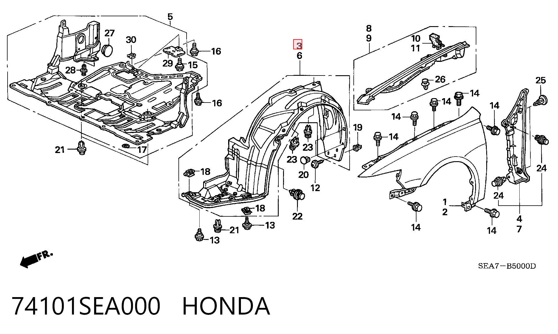 Guarda-barras direito do pára-lama dianteiro para Honda Accord CM, CN
