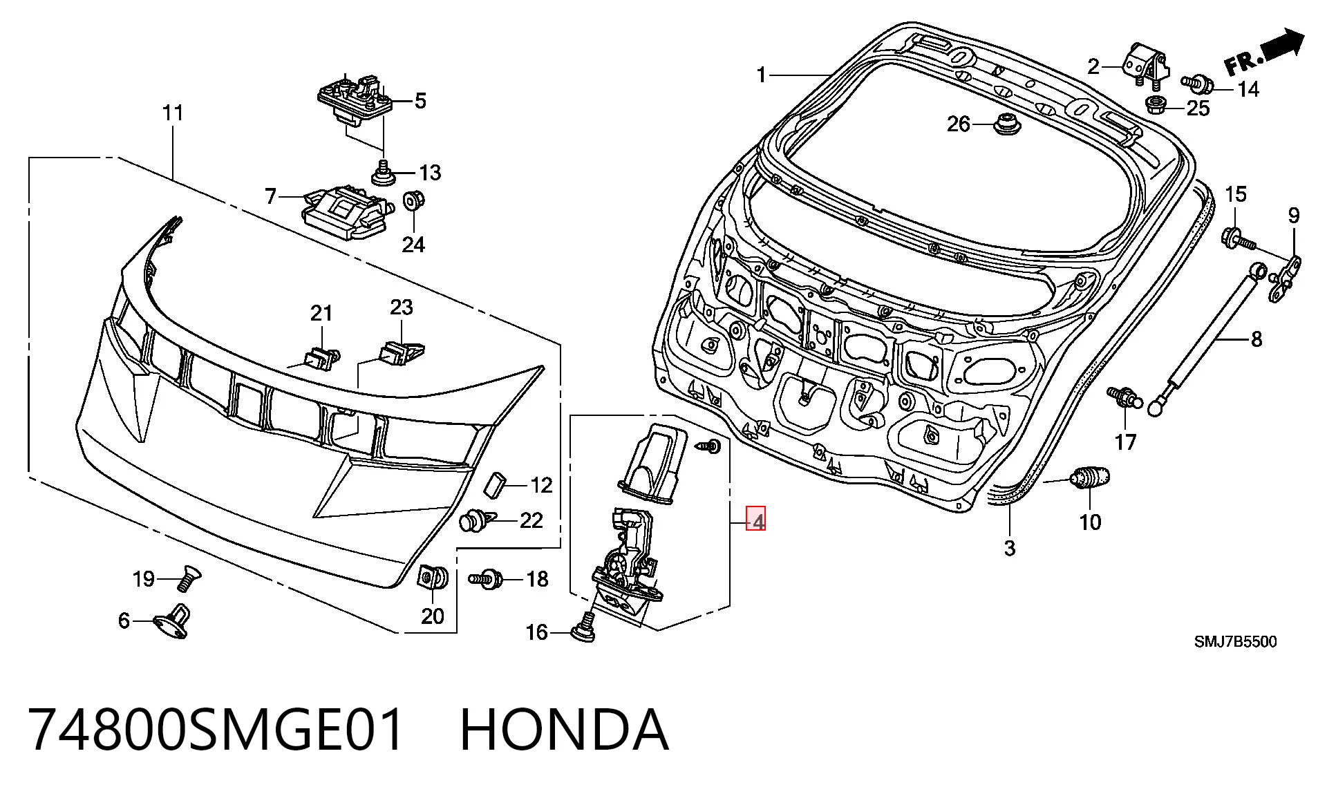 74800SMGE01 Honda Fecho de tampa de porta-malas (de 3ª/5ª porta traseira)