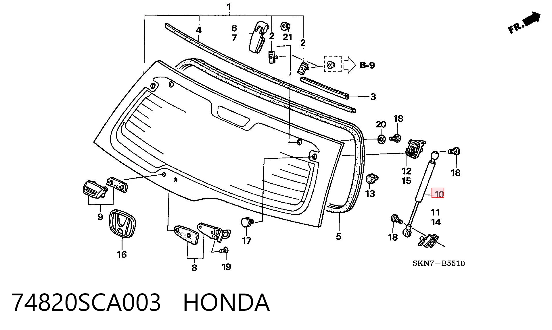 74820SCA003 Honda Amortecedor de vidro de porta-malas (de 3ª/5ª porta traseira (de tampa de alcapão)