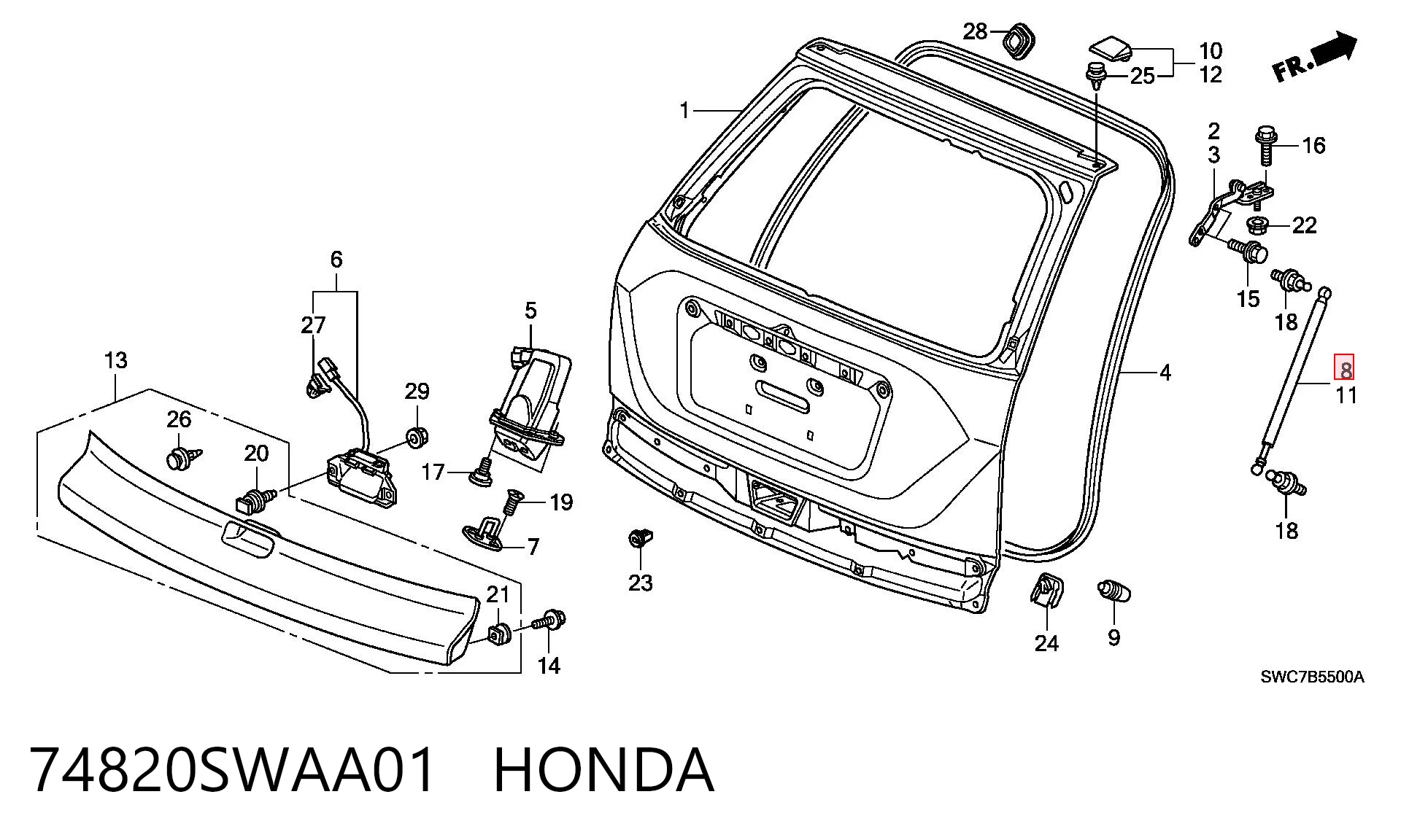 74820SWAA01 Honda Amortecedor de tampa de porta-malas (de 3ª/5ª porta traseira)